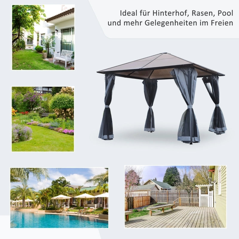 Gazebo 3 x 3 m con tetto in policarbonato rete mosche telaio in alluminio colore grigio scuro resistente e funzionale per giardino e terrazza