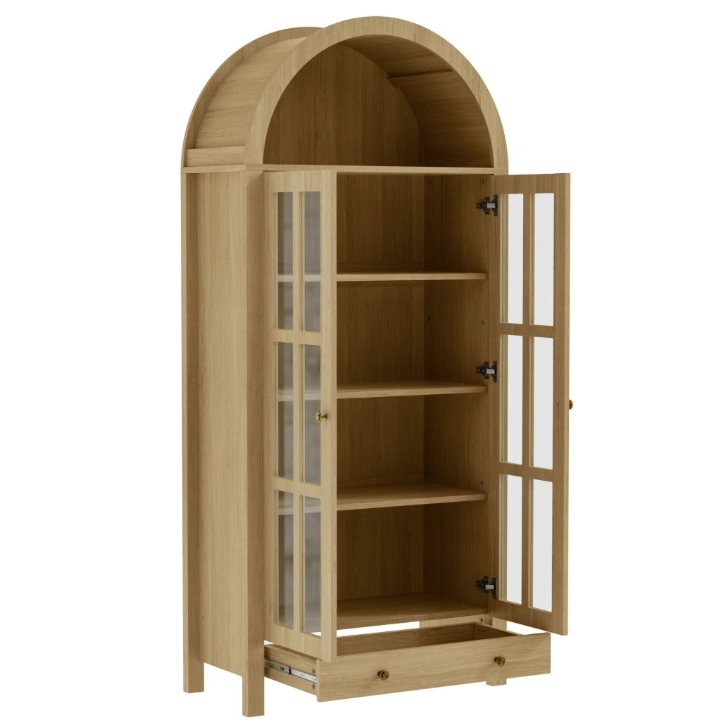 Vetrina alta ad arco in MDF con ante acriliche e cassetto