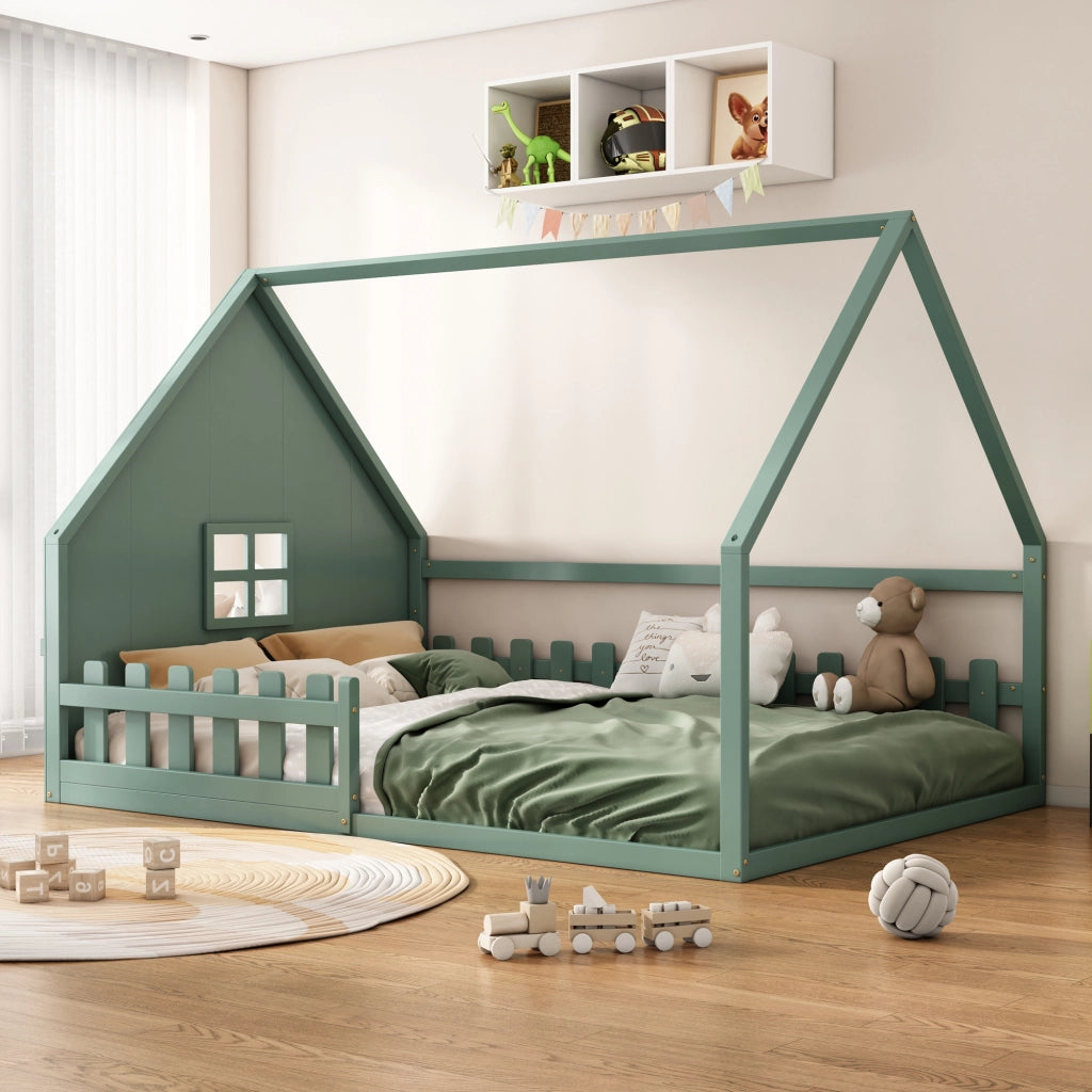 Letto a Casetta 140×200 cm; Letto 2 Posti con Sponda; per Bambini; senza Materasso; in Pino e MDF; Verde