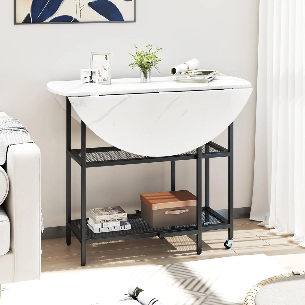 Tavolo Pieghevole Salvaspazio 100 x 100 x 80 cm, Tavolo da Pranzo Estensibile per 2-4 Persone con 2 Mensole di Stoccaggio e Ruote Bloccabili per Soggiorno, Appartamento e Ufficio (Bianco)