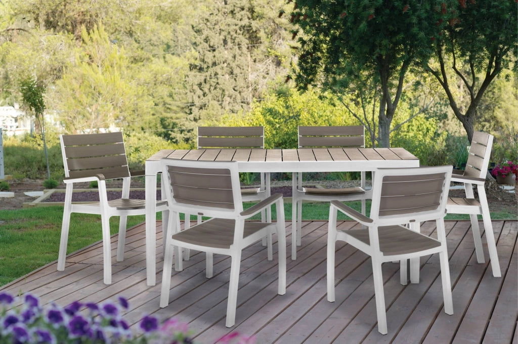 Tavolo da esterno Innisfail, Base per picnic, Piano da pranzo da giardino, Banco outdoor multiuso, 160x90 h74 cm, Bianco e Tortora