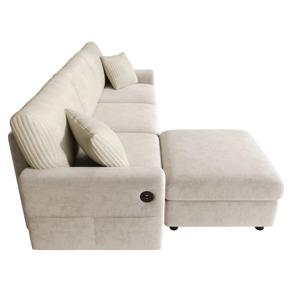 Divano in ciniglia e velluto a coste con poggiapiedi; USB e Type-C; beige; 223×146×84 cm