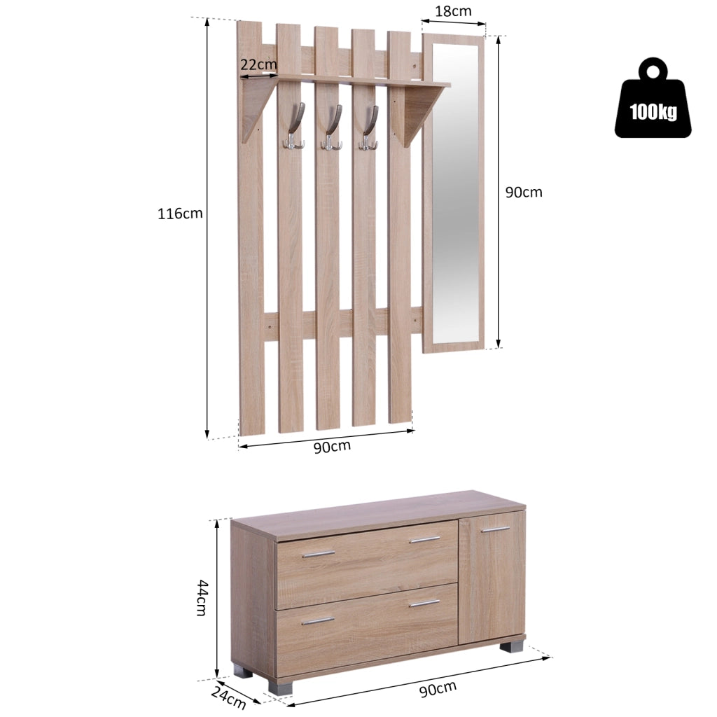 Set Ingresso con Specchio Appendiabiti Scarpiera 3 Ganci Ripiani e 2 Cassetti ¨C Zephmum ¨C Rovere