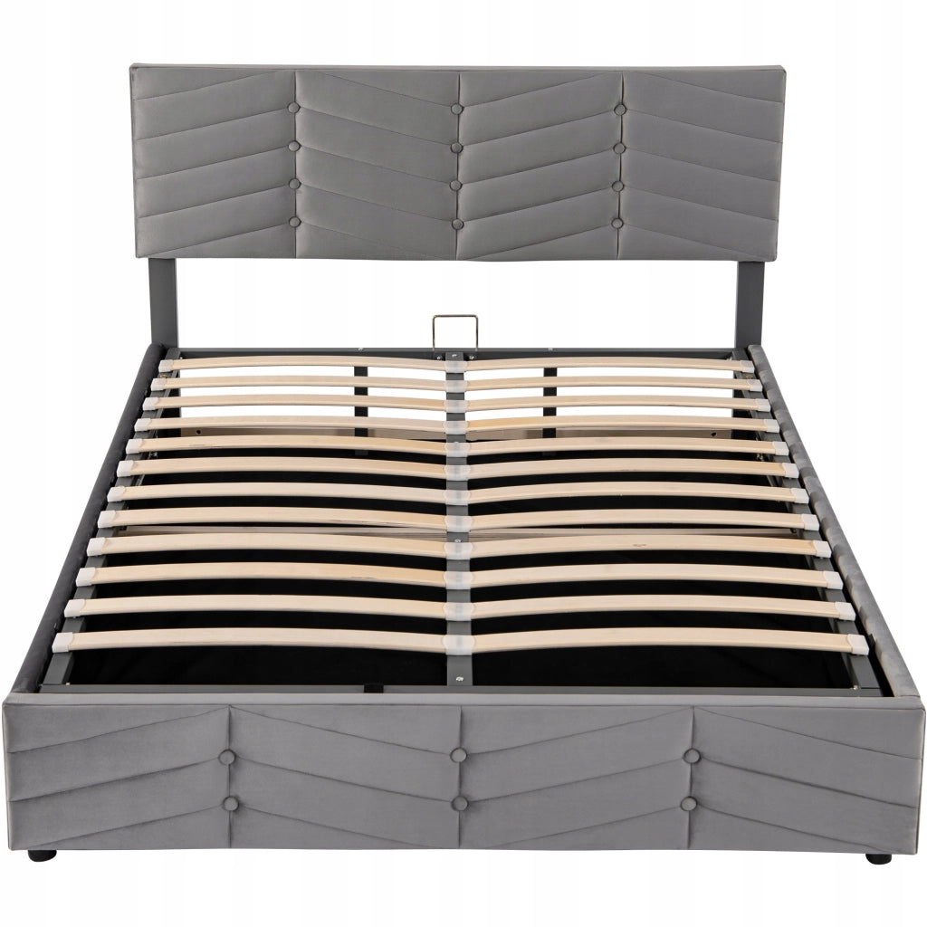Letto imbottito 140x190 - Xylo - Grigio, velluto, meccanismo idraulico