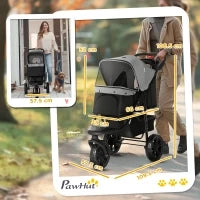 2 in 1 Passeggino per Cani Pieghevole a 3 Ruote con Freno, Cestino Portaoggetti e Porta Bottiglia, in Acciaio e Oxford, Grigio e Nero, 109.5x57.5x106.5cm