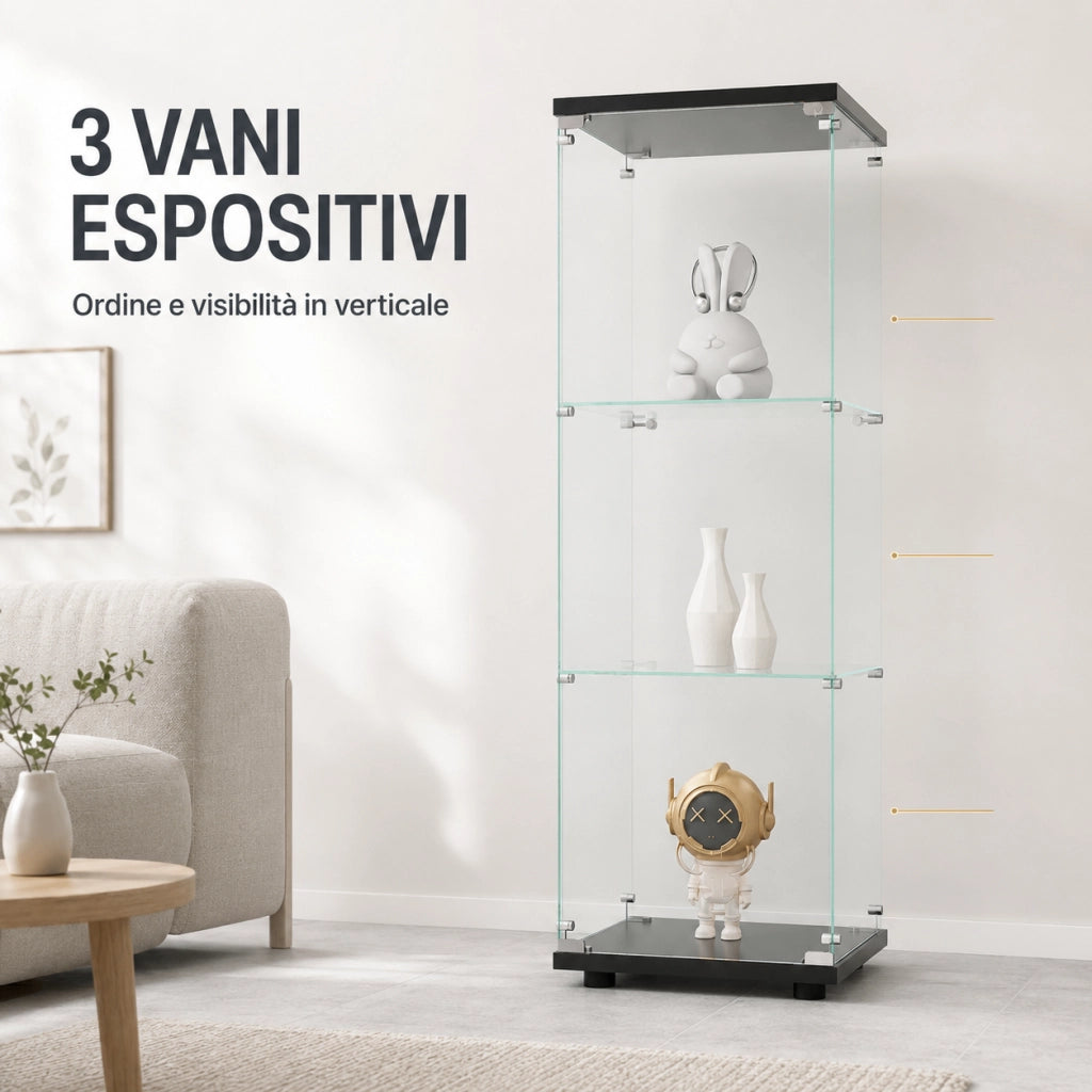 Vetrina espositiva in vetro con serratura, struttura nera, 42,4x36,3x125,2cm, mobile espositore per collezioni e modellini