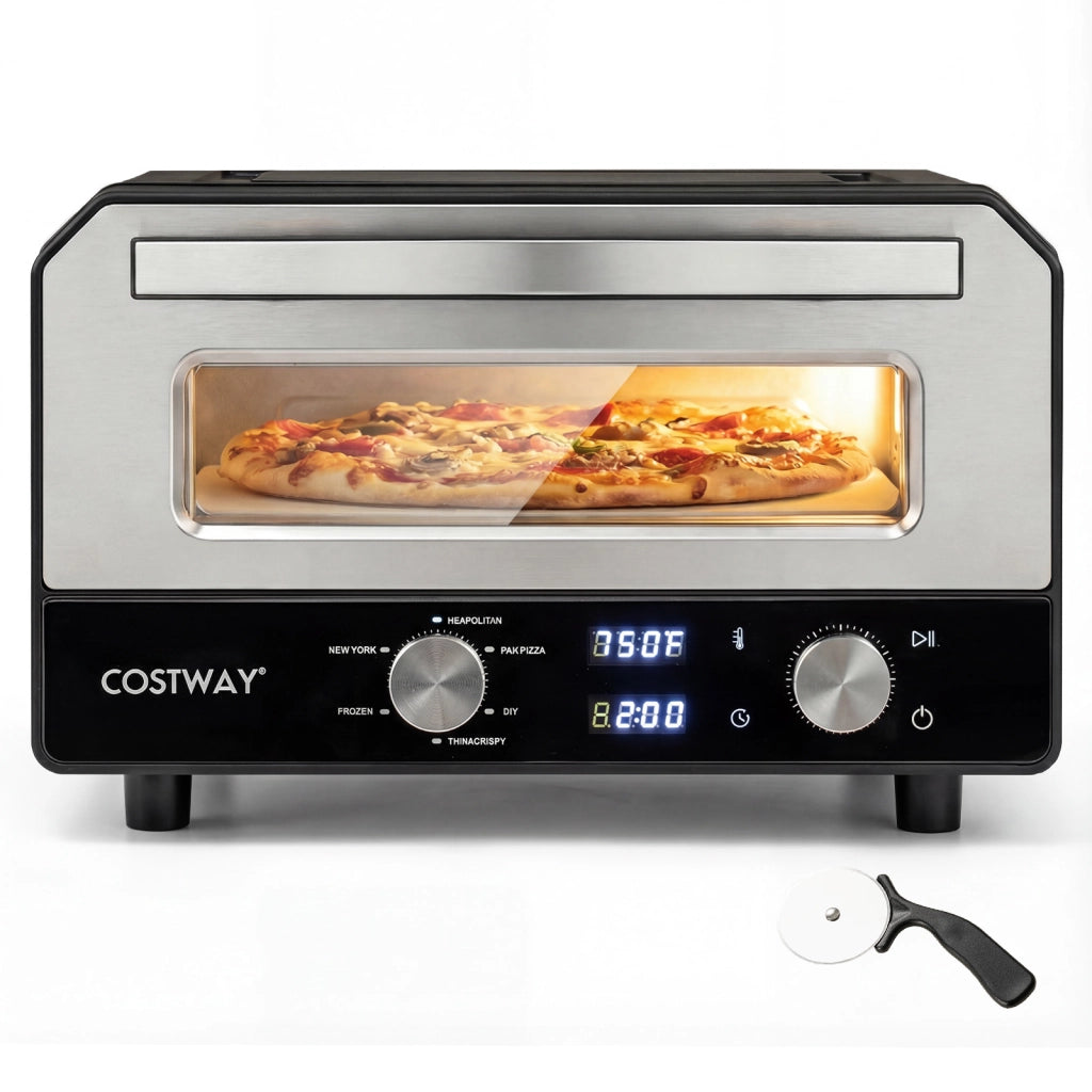 Forno elettrico per pizza da interno con pietra refrattaria e 6 modalit¨¤ preimpostate, Forno da banco per pizze 30 cm con cottura rapida fino a 400¡æ