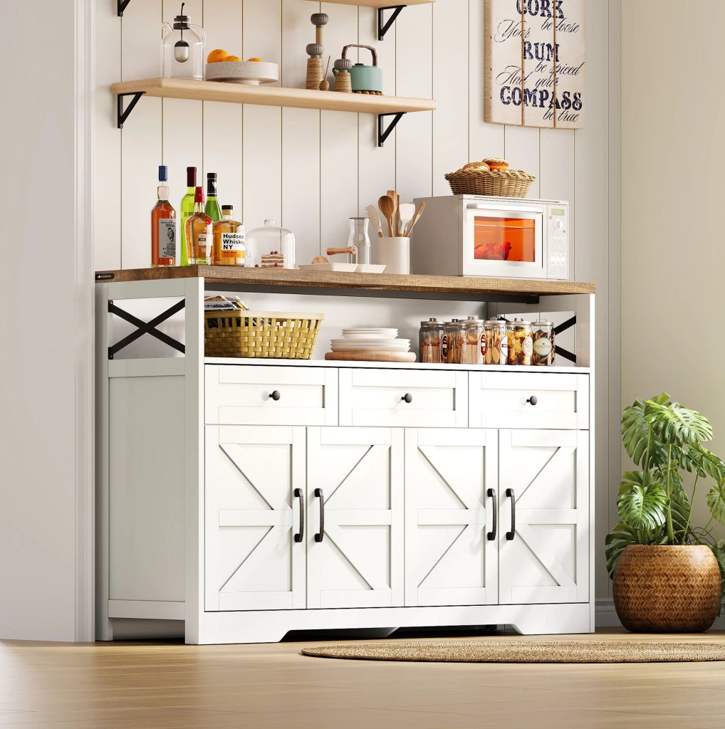 Buffet 140x35x95 cm con 3 cassetti; 2 ante e vano aperto; MDF bianco e marrone