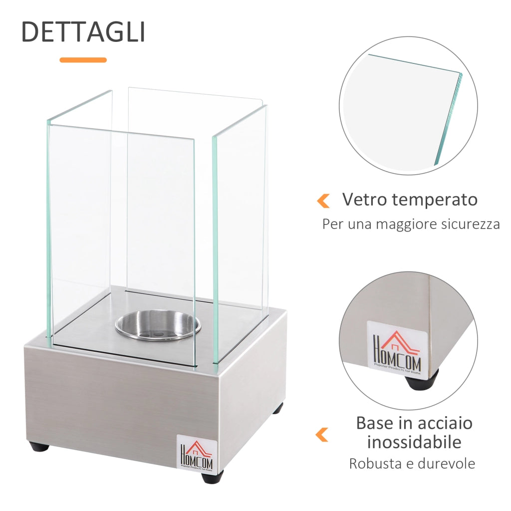 EasyComfort Camino a Bioetanolo da Tavolo con Bruciatore da 0.4L, Biocamino in Acciaio e Vetro per Interni ed Esterni, 20x20x33cm, Argento