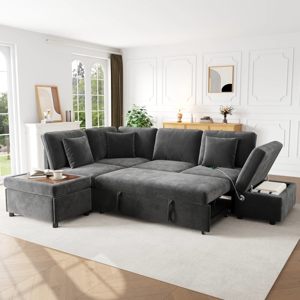 SOFA ANGOLARE MODULARE 247,5x172x87 cm in chenille grigio, con 2 pouf e 3 cuscini