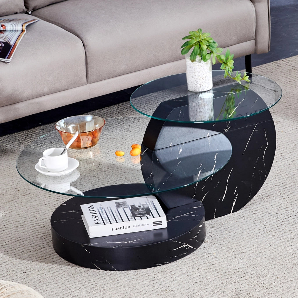 Tavolino da caffè moderno in MDF e vetro temperato, design multilivello nero