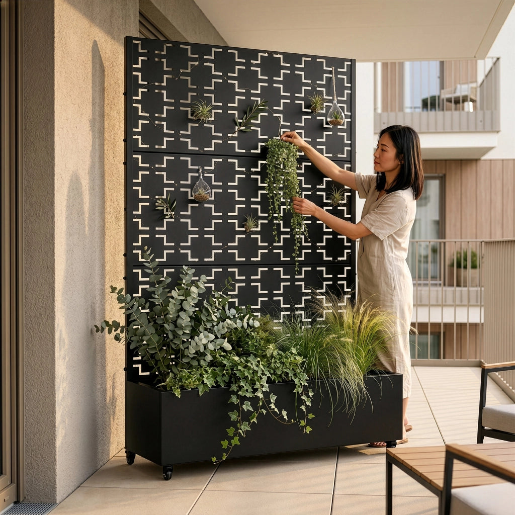 Fioriera con Spalliera Aaskis a Rotelle in Acciaio 190 x 120 x 38 cm - Nero casa.pro
