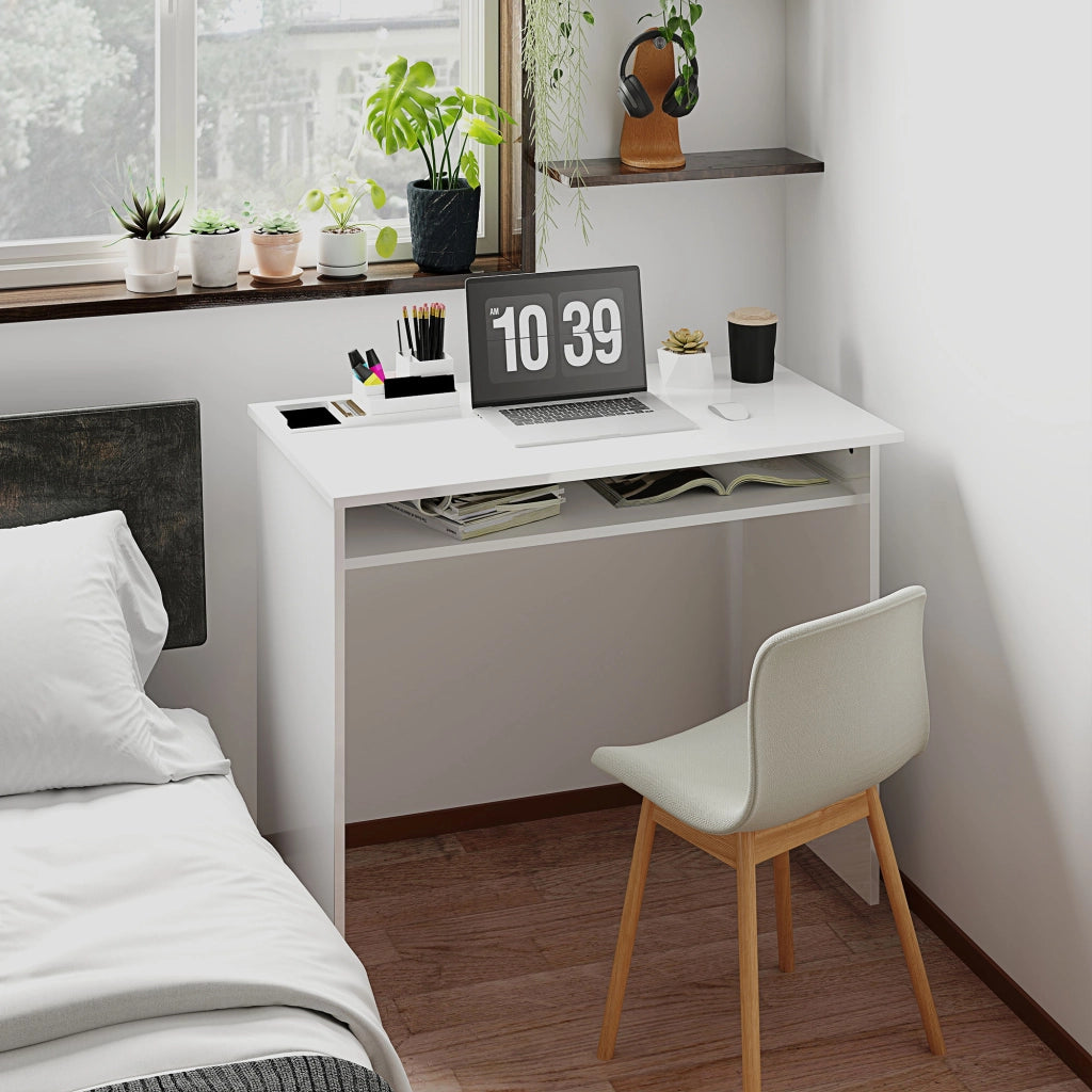 Scrivania Computer Compatta ¨C Xylo ¨C Bianco Legno Truciolare con Ripiano 90x50x74