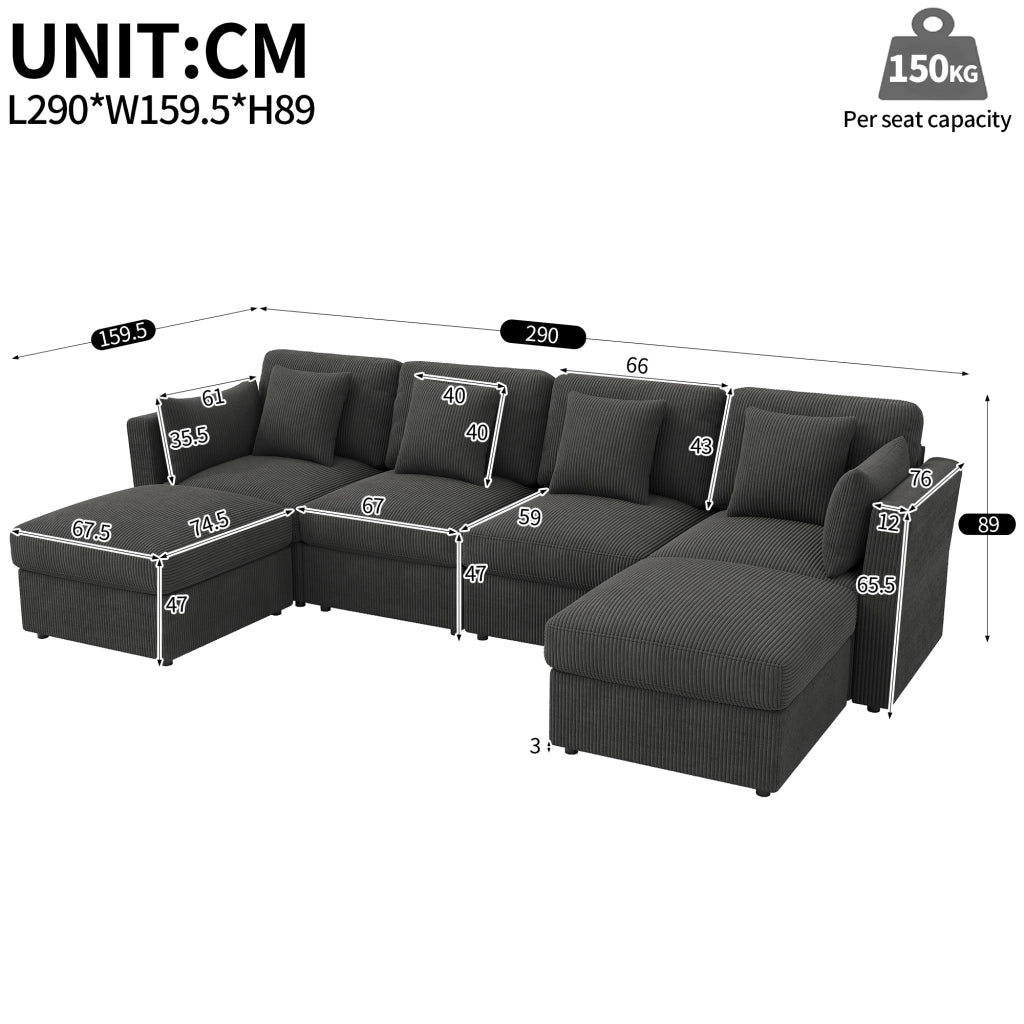 Divano modulare a U con braccioli regolabili e poggiatesta, due pouf scorrevoli in velluto a coste grigio 290 × 159,5 × 89 cm