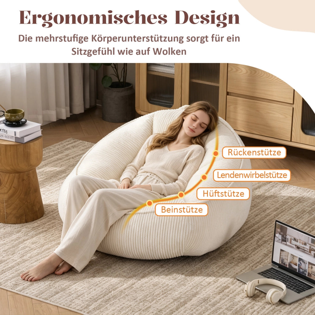 Pouf ergonomico con schienale e imbottitura in schiuma memory rivestimento in velluto a coste beige per relax
