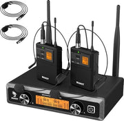Sistema di Microfono Senza Fili con Microfoni Lavalier per Casco Transmettitore Ricevitore - 10 canali 60M di Raggio - per Canto Live Karaoke Chiesa Festa Party DJ Mixer Altoparlanti Registrazione