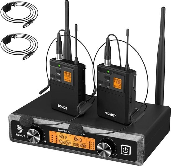 Sistema di Microfono Senza Fili con Microfoni Lavalier per Casco Transmettitore Ricevitore - 10 canali 60M di Raggio - per Canto Live Karaoke Chiesa Festa Party DJ Mixer Altoparlanti Registrazione