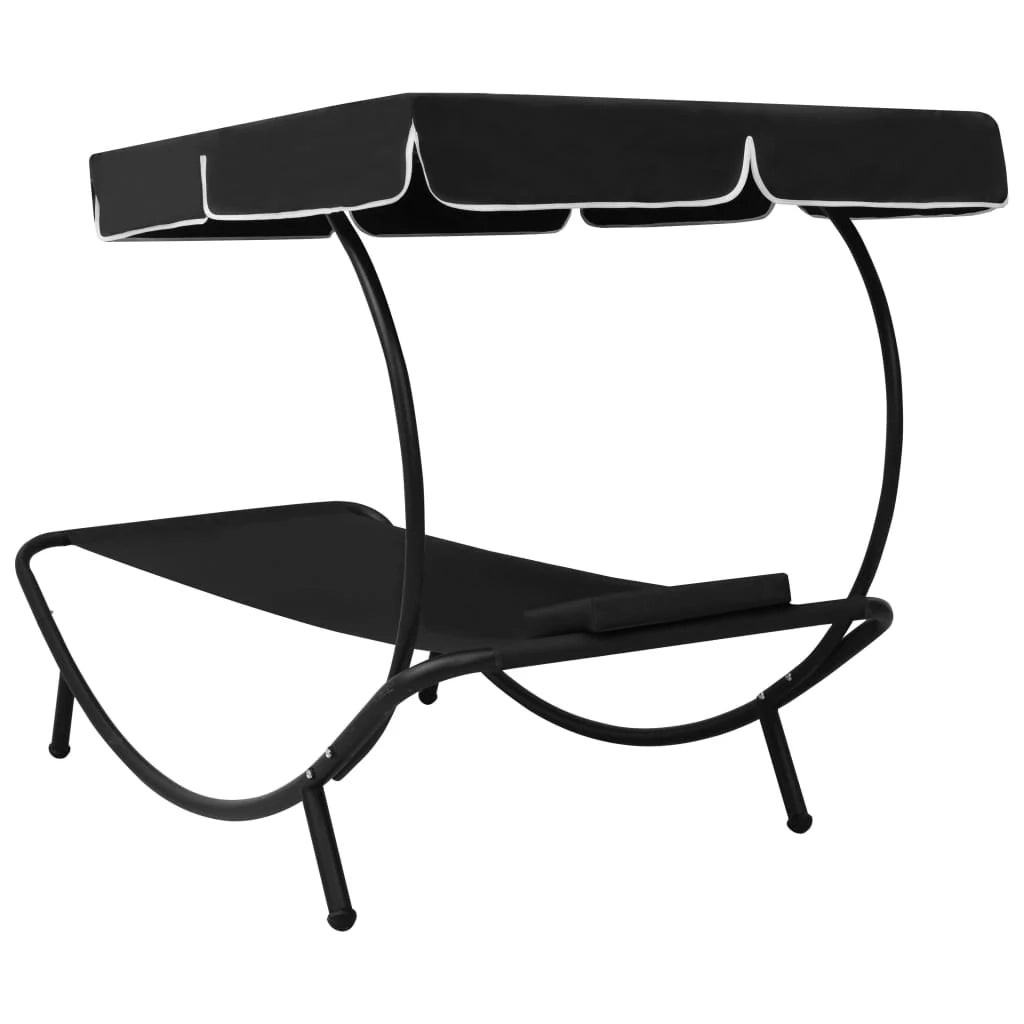 Lettino prendisole da esterno 200 cm con baldacchino e cuscino nero 02_0012008