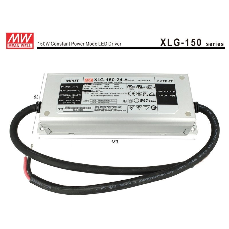 Alimentatore Trasformatore MW MEAN WELL Impermeabile IP67 24V 150W 6,25A XLG-150-24-A