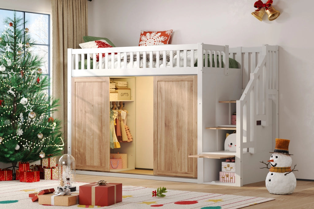 DESMIU Letto a soppalco per bambini 1 posto con armadio, scala contenitore e LED 90 × 200 cm, senza materasso