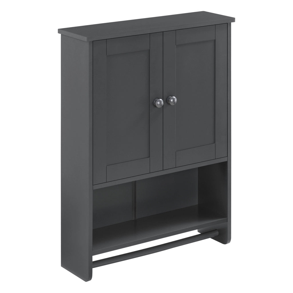 Armadietto Pensile da Bagno con Barra Portaasciugamano 65 x 48,7 x 14,5 cm Mobiletto da Muro con 2 Ante e Ripiani - Grigio Scuro