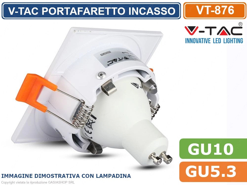 V-TAC VT-876 PORTAFARETTO QUADRATO DA INCASSO PER LAMPADINE GU10 E GU5.3 - SKU 3170