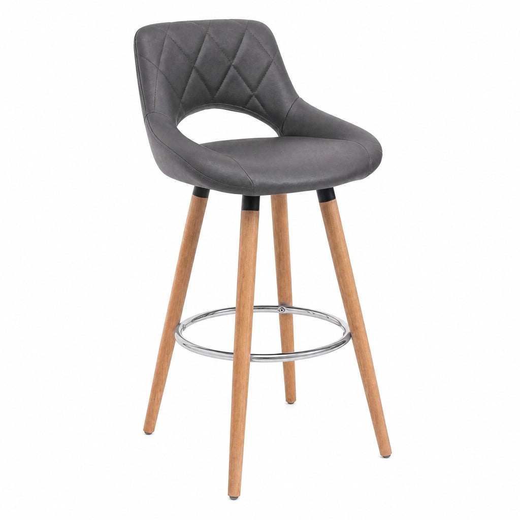 Sgabello bar grigio con schienale, seduta in similpelle e gambe in legno massello, H 91 cm