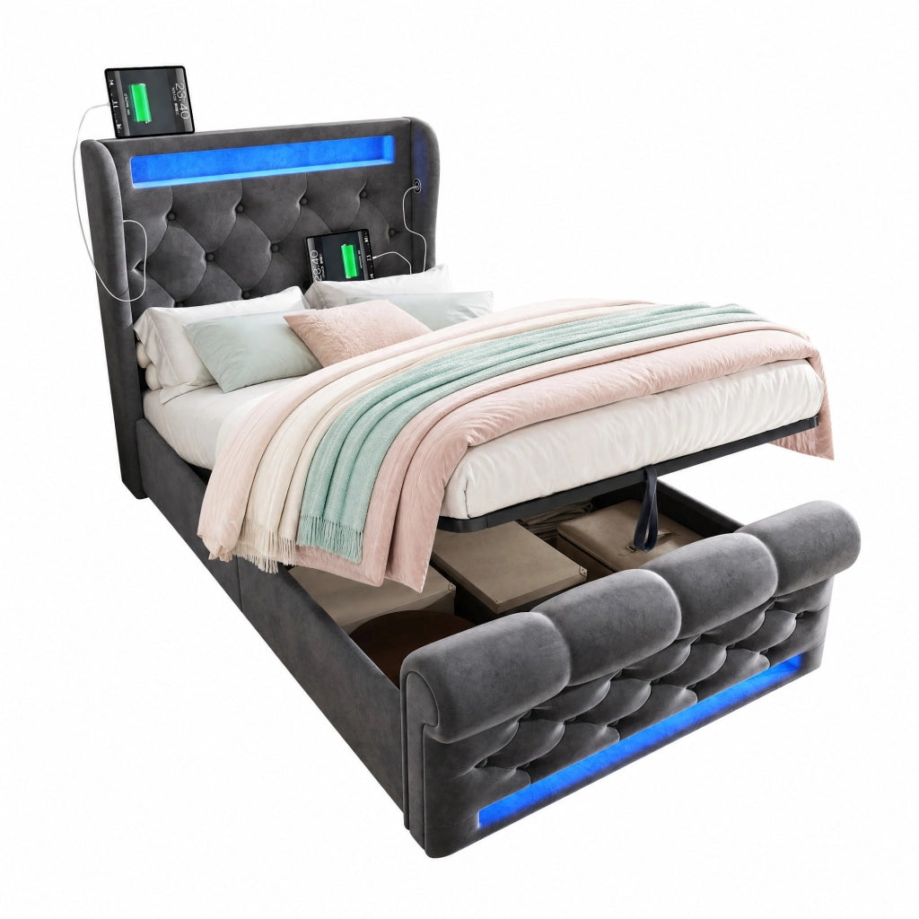 Letto imbottito con LED, USB e USB-C, contenitore idraulico, 90x200 cm, grigio