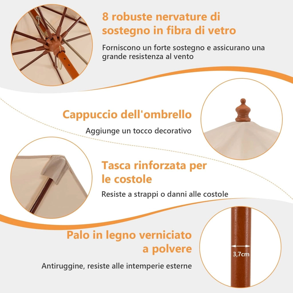 Ombrellone da Giardino di 260 cm, Ombrellone da Esterno con Altezza Regolabile, 8 Stecche, Protezione UV, per Giardino, Cortile, Patio, Piscina (Beige)