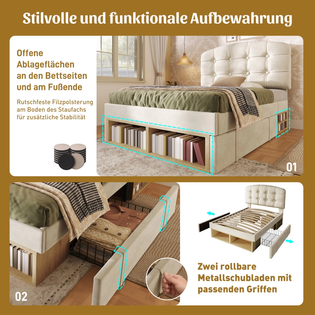 LETTO imbottito 90x200 cm in velluto beige con testiera regolabile e cassetti