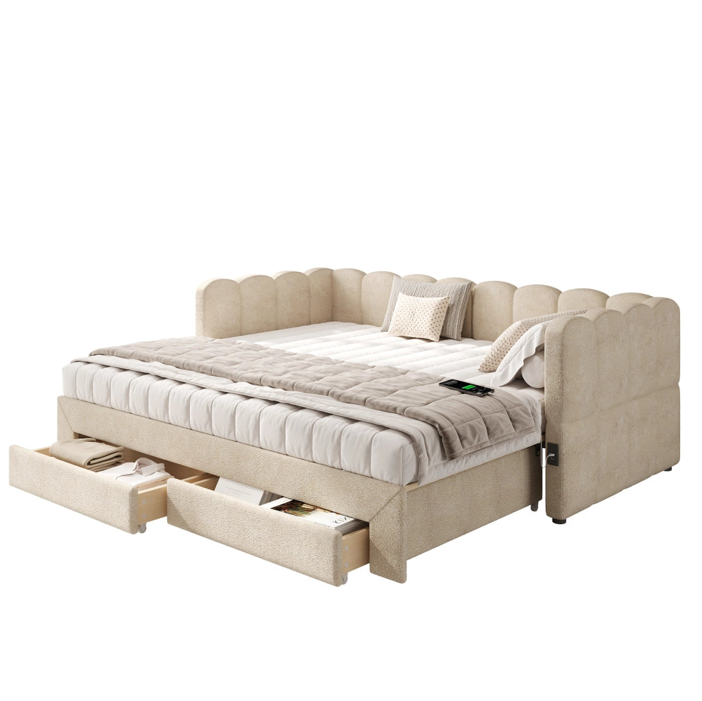 Daybed estraibile 90x190 cm trasformabile in 180x190 cm; con cassetti; USB e Type-C; beige