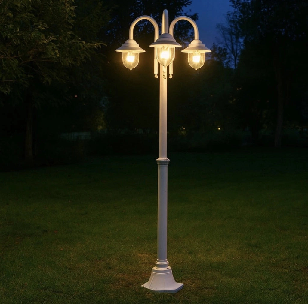 Lampione classico Bianco da giardino a 3 luci E27 in alluminio lanterna da esterno IP54 per vialetti parchi e ingressi eleganti