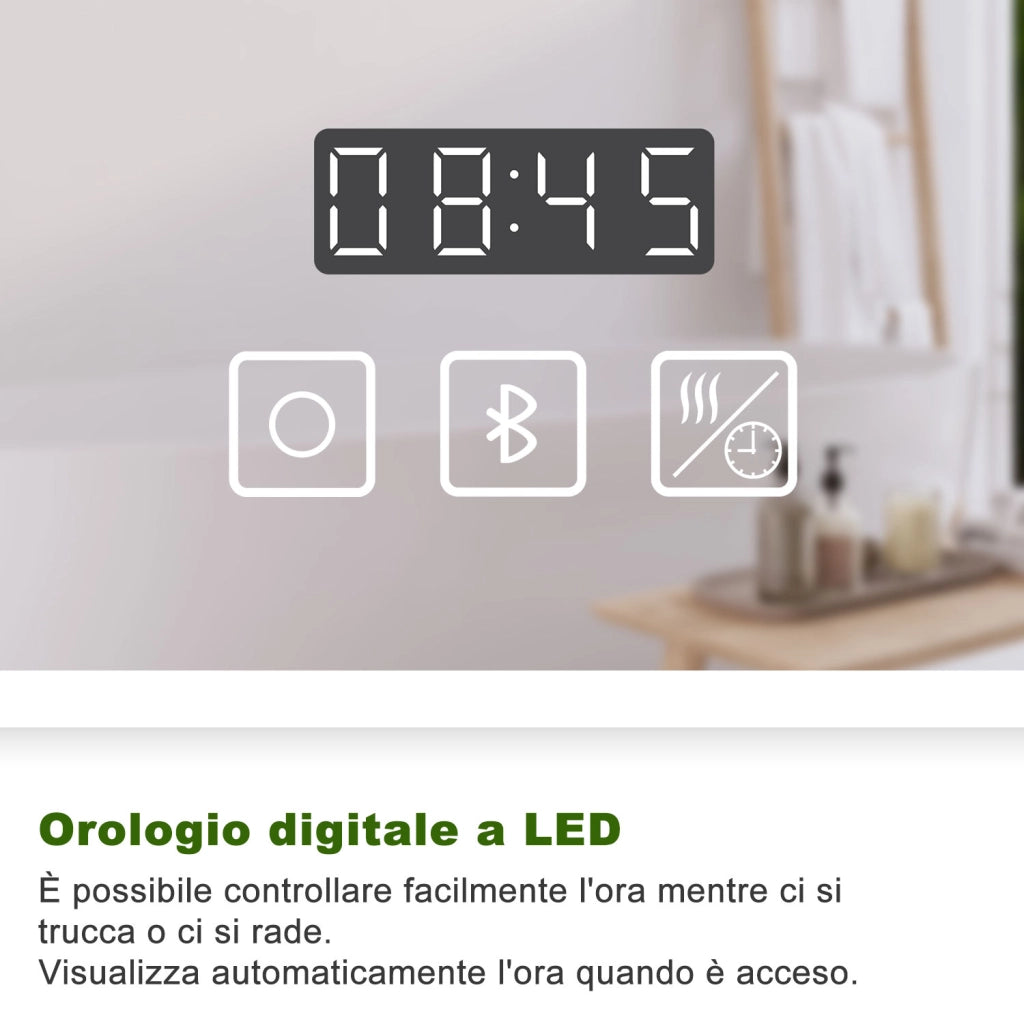 Aica Specchio da bagno a LED+140x80cm+Disappannamento+orologio+Bluetooth+3 Temperature di Colore