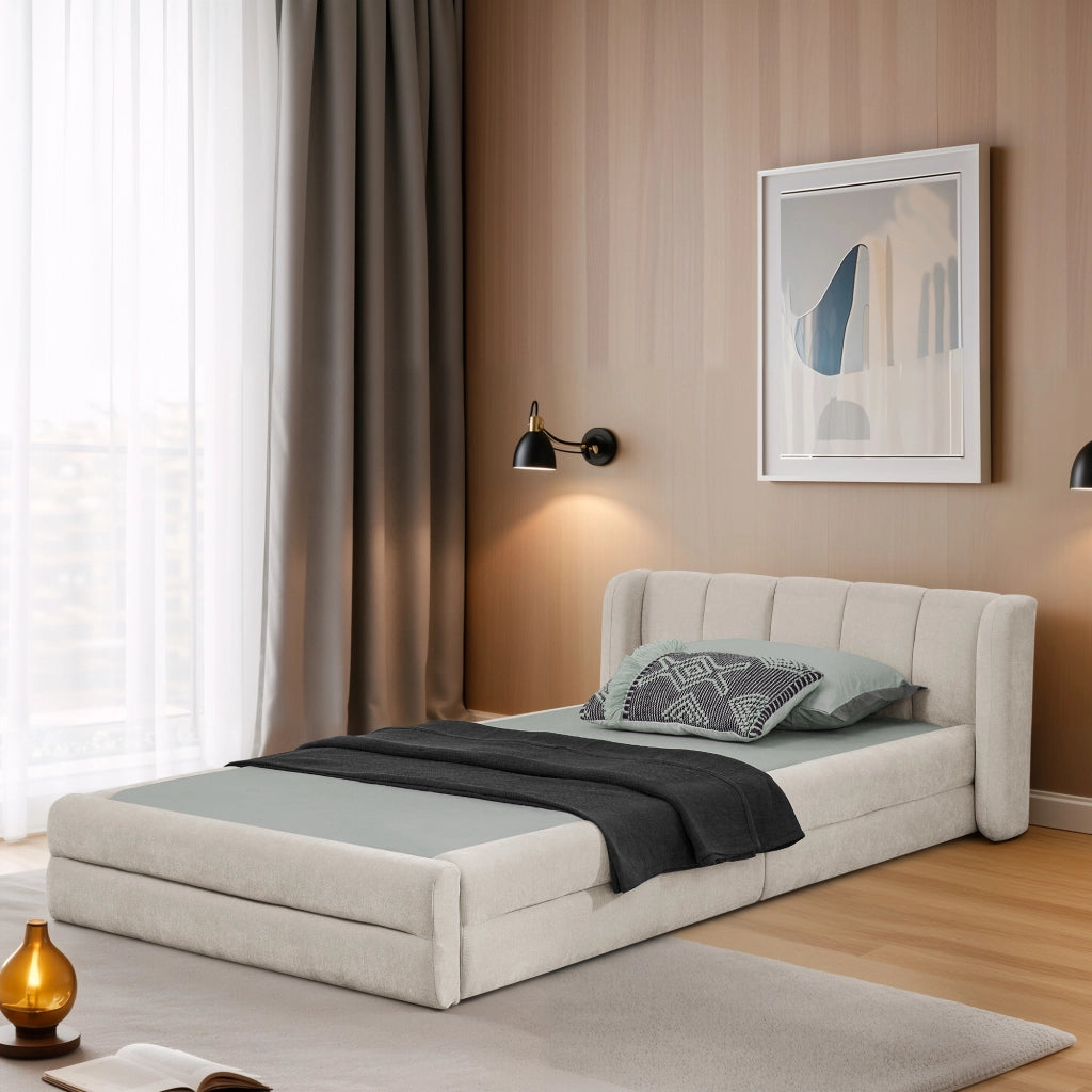 Letto Singolo 90x200 cm; con Schienale Imbottito e Struttura Rinforzata; Beige