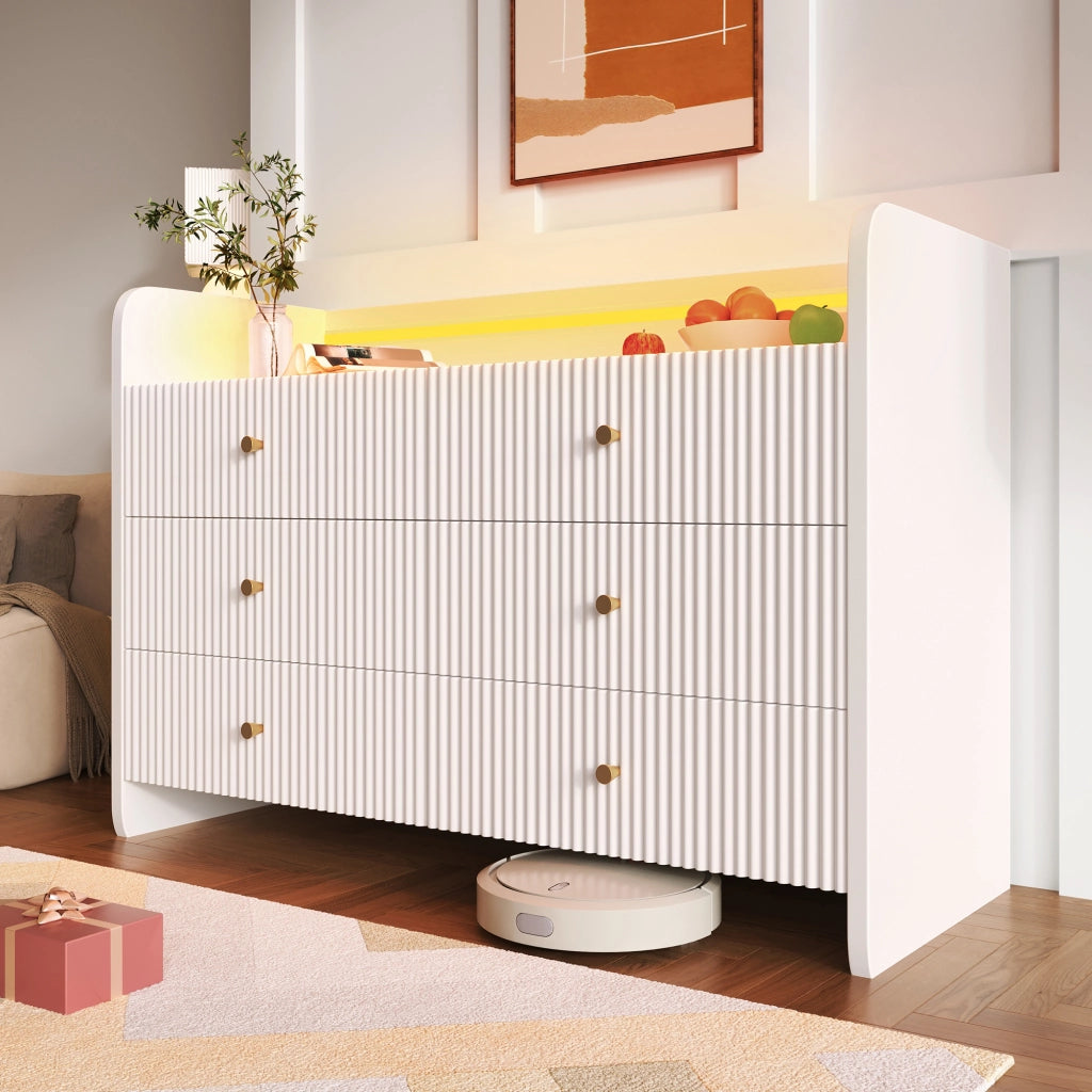 OKWISH Cassettiera Credenza con 6 Cassetti e 1 Vano Aperto, LED, Frontale Ondulato, per Soggiorno o Camera 120 x 40 x 75 cm