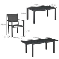 Set da Giardino con Tavolo Allungabile in Vetro e 6 Sedie con Seduta Traspirante, Grigio Scuro