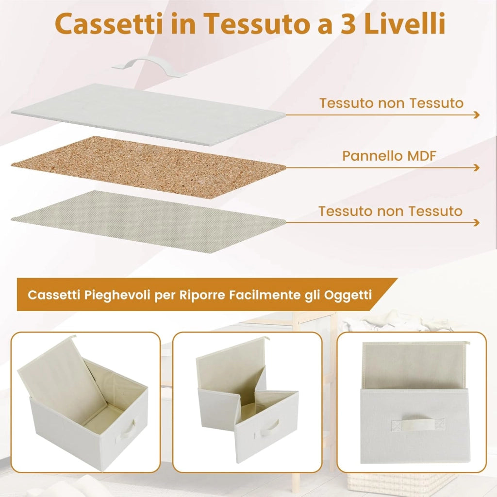 Cassettiera a 6 Cassetti in Bambù, Torre di Stoccaggio con Cassetti in Tessuto Pieghevoli e Ripiano Superiore, Organizzatore Verticale per Soggiorno Corridoio, 66x35x78,5 cm