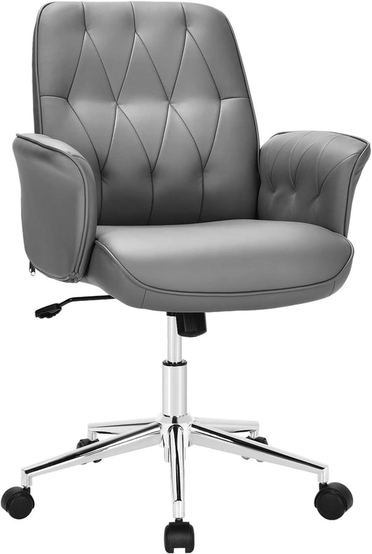 Sedia da Ufficio Moderna in Pelle PU, Sedia Ergonomica con Schienale Medio per Computer Esecutivo con Braccioli Imbottiti, Sedia Girevole Regolabile, Ampia Seduta, Funzione Dondolo, Grigio