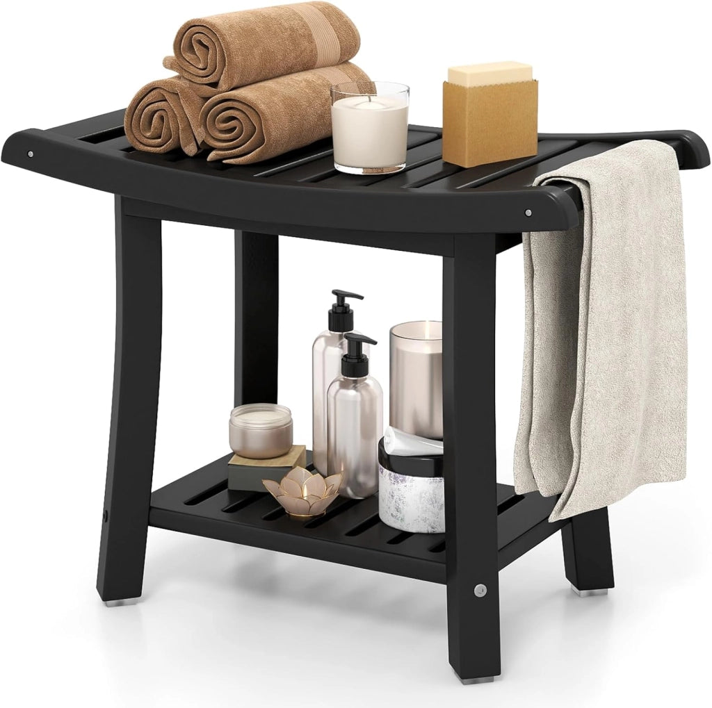 Sgabello da Doccia, Sgabello da Bagno Impermeabile con Sedile Curvo, con Portasciugamani e Piedini Antiscivoli, Panca Versatile con Ripiano, 60,5 x 34 x 48 cm (Nero)