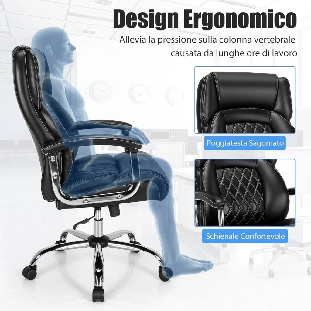 Sedia Ufficio in Pelle, Poltrona Scrivania Regolabile in Altezza, Sedia da Lavoro Girevole con Braccioli Imbottiti, con Base in Metallo, Schienale Oscillante, Portata 227 kg
