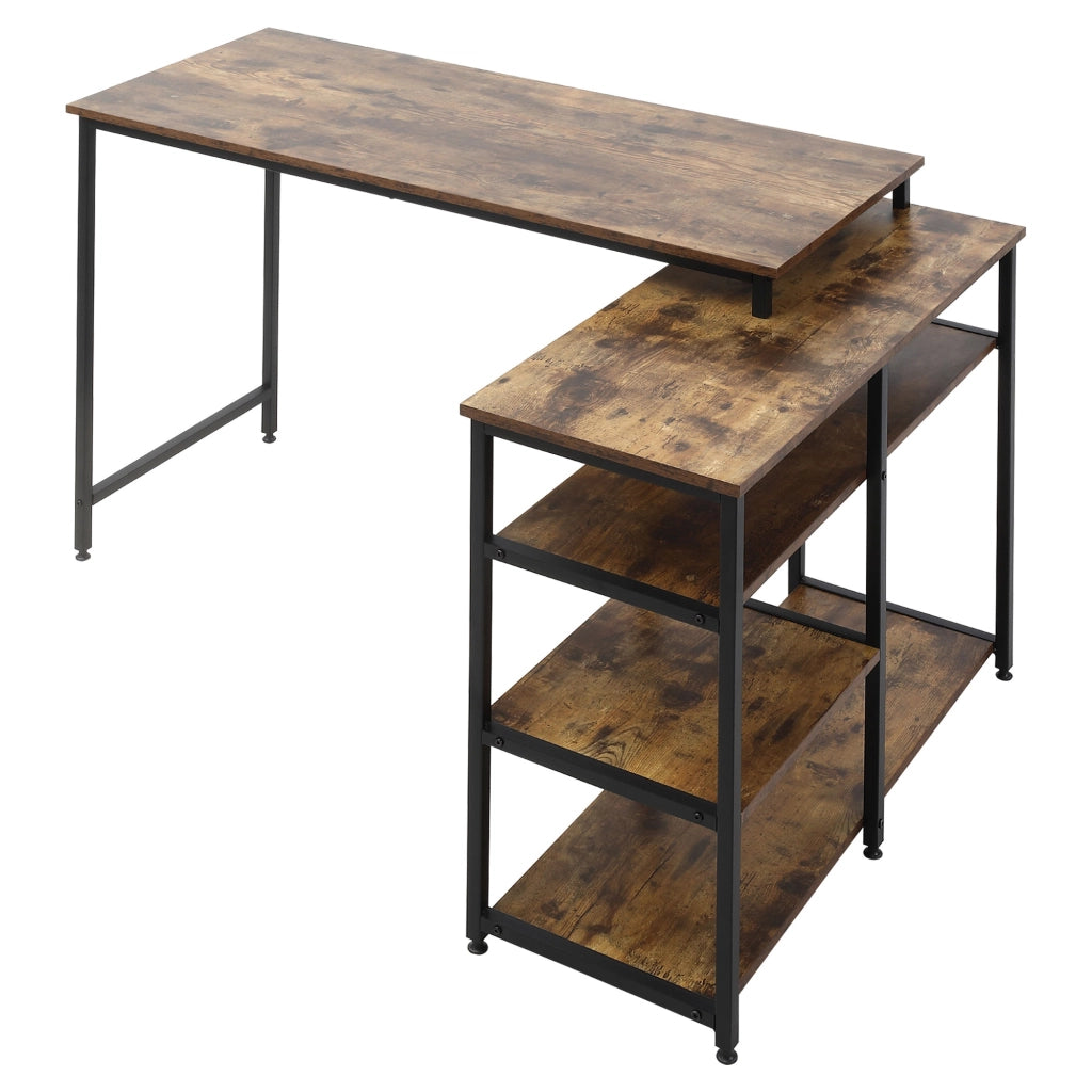 Scrivania angolare con 3 ripiani, per ufficio e home office, in truciolato e acciaio, nero, 135 × 90 × 79 cm