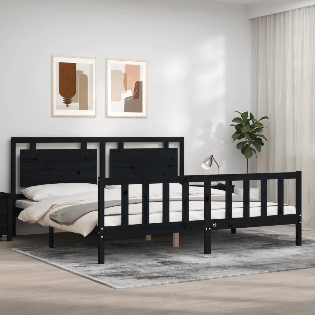 Letto matrimoniale | Letto per adulti | Giroletto con Testiera Nero 200x200 cm in Legno Massello