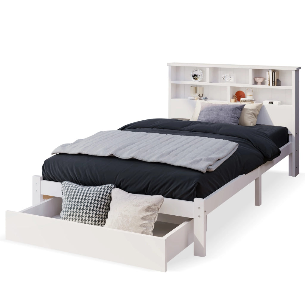 Letto con Cassetti Singolo; con Testiera Libreria e Vano Contenitore 90×200 cm; senza Materasso