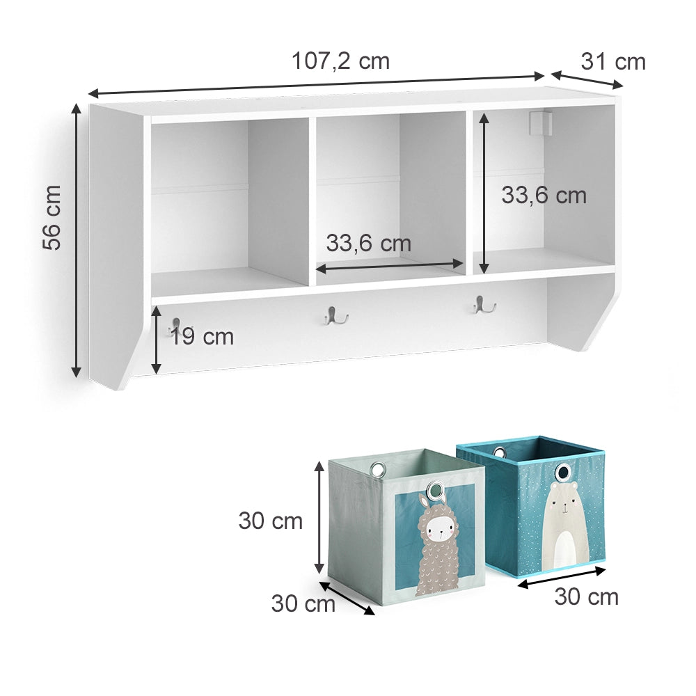 Vicco Scaffale a muro per bambini Bianco 31 x 56 cm con 2 scatole pieghevoli opt.2