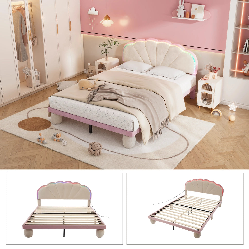DESMIU Letto per Bambini Matrimoniale 140 × 200 cm con LED Multicolore e Testiera Imbottita, senza Materasso