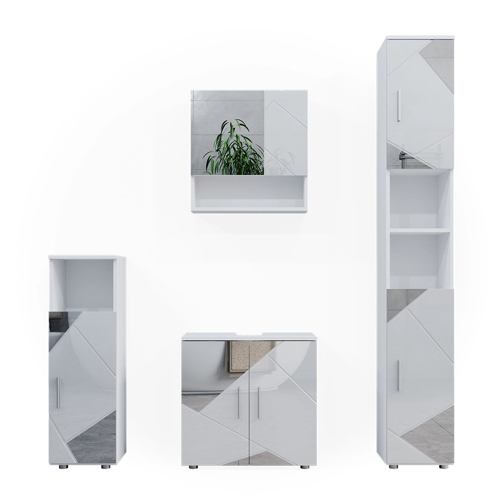 Vicco Set mobili bagno Bianco lucido con inserti 4 parti, con armadio alto