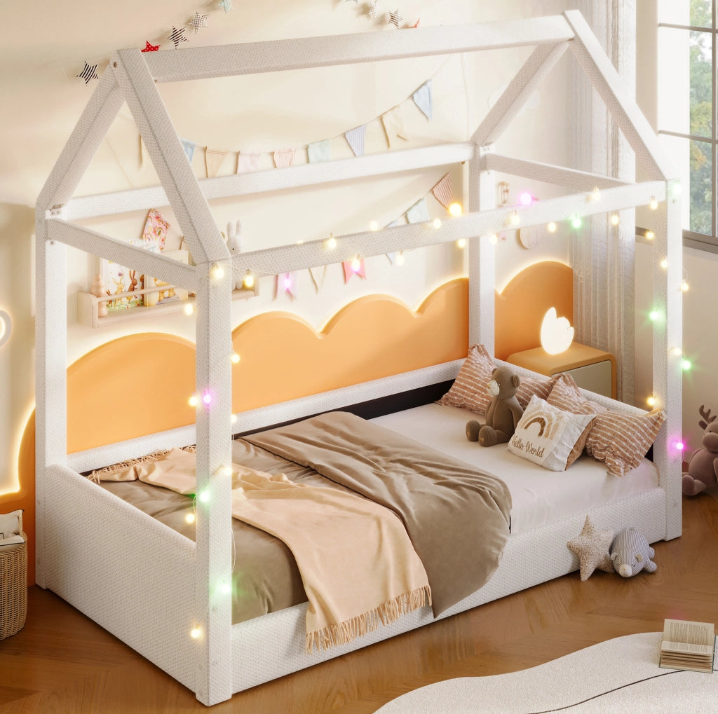 Letto da giorno imbottito a casetta 90 x 200 cm con luce LED; beige
