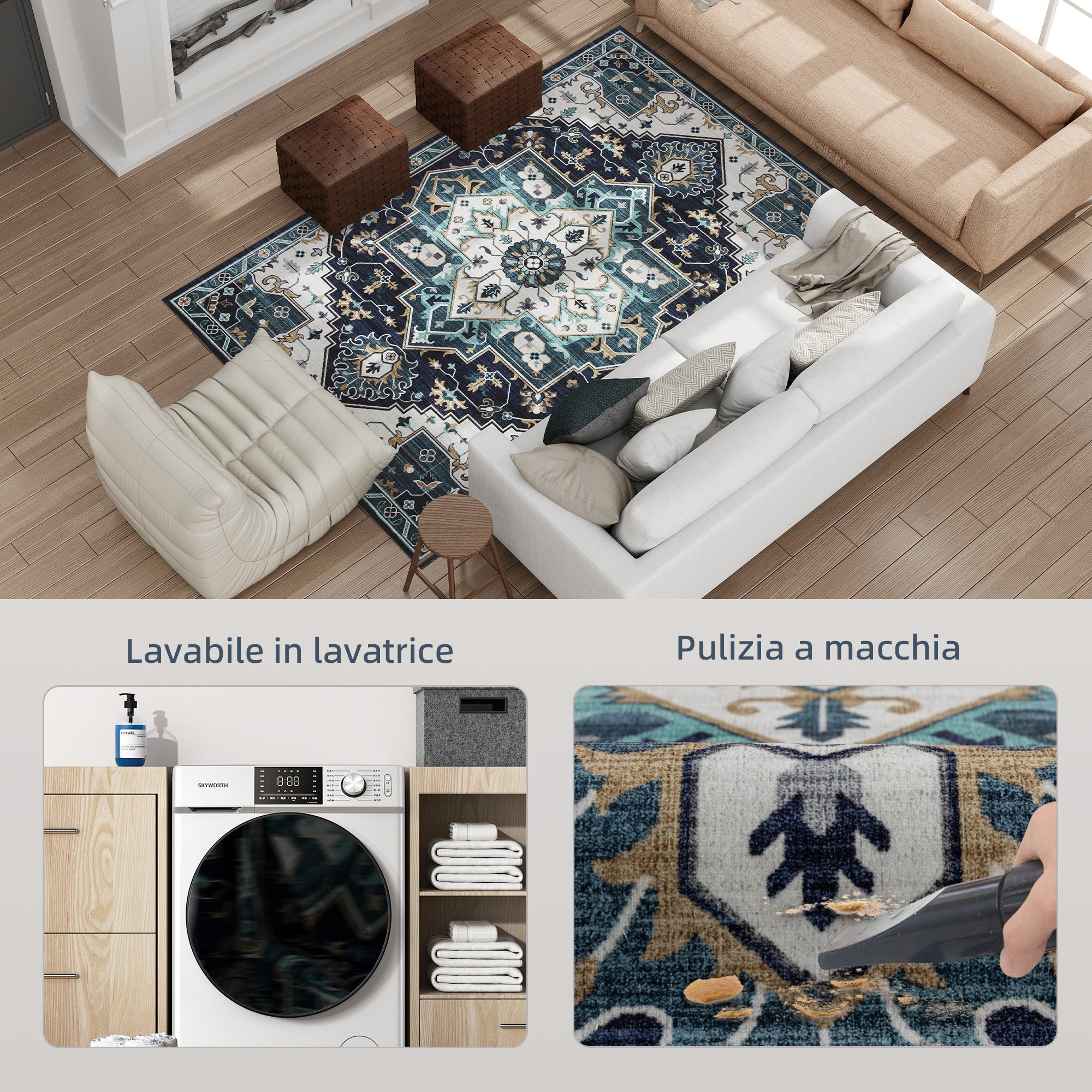 Tappeto Boho Antiscivolo e Lavabile 230x160 cm a Pelo Corto in Effetto Cashmere Blu