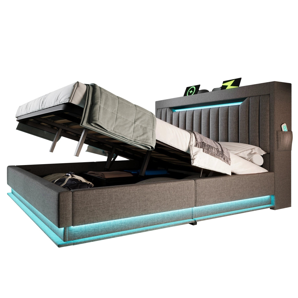 Letto matrimoniale 160x200 cm in lino grigio con LED; testiera con USB e Type-C; contenitore idraulico