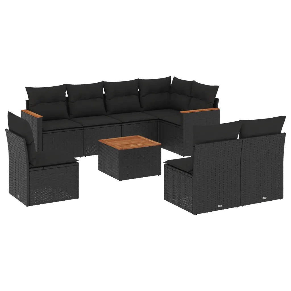 Set Divani da Giardino 9 pz con Cuscini Nero in Polyrattan
